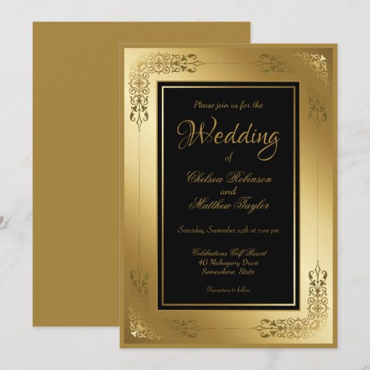 De Uitnodiging van het huwelijk Elegant Zwart met  (Voorkant / Achterkant)