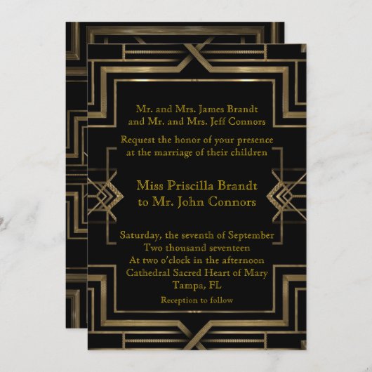 De uitnodiging van het huwelijk zwart & goud, groo (Voorkant / Achterkant)