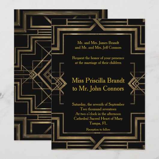 De uitnodiging van het huwelijk zwart & goud, groo (Voorkant / Achterkant)