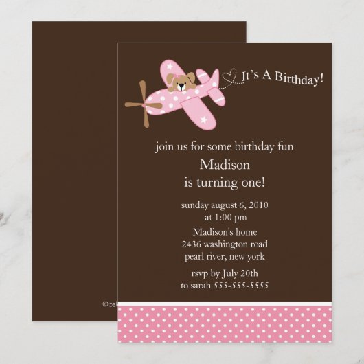 De uitnodiging van het roze vliegtuig van het meis (Voorkant / Achterkant)