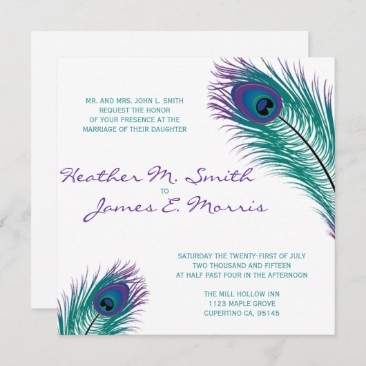 De uitnodiging voor het huwelijk van Classy Peacoc (Voorkant / Achterkant)