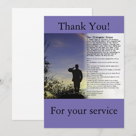 De Ultimate Price Soldier and Veterans-kaart Bedankkaart (Voorkant / Achterkant)