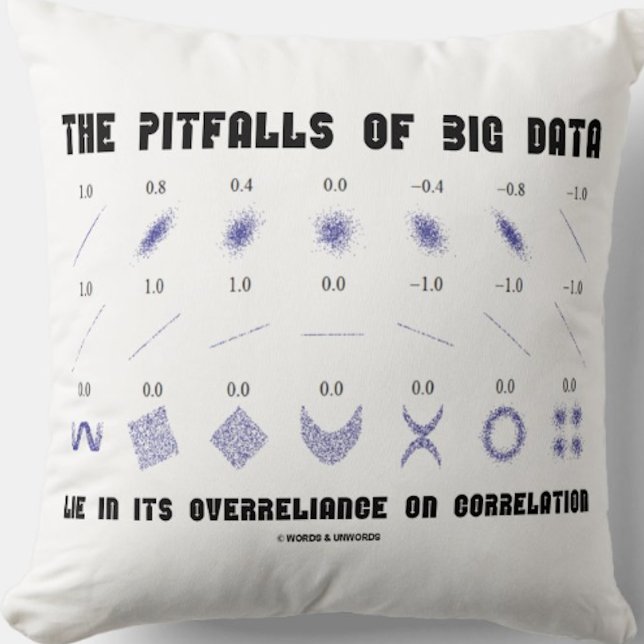 De valkuilen van de grote overafhankelijkheidsrela kussen (Correlation humor throw pillow for any statistician who understands the pitfalls of big data)