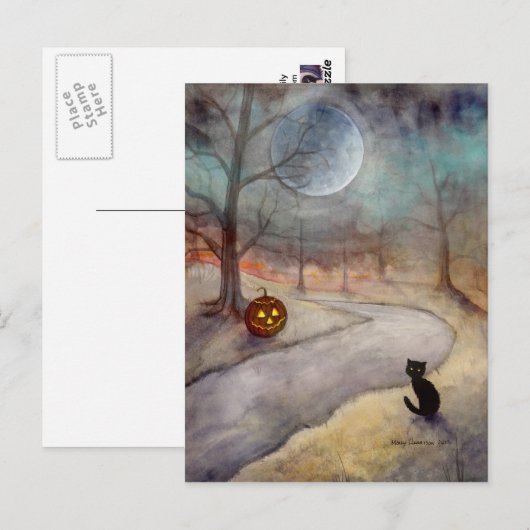De vergeten weg Halloween zwarte kat en pompoen Briefkaart (Voorkant / Achterkant)