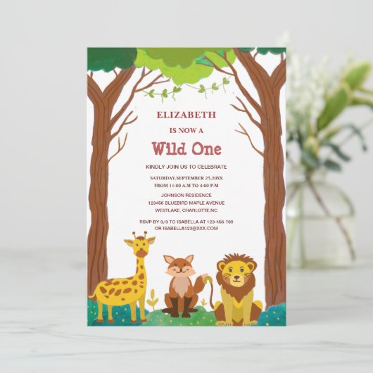 De verjaardag van het Wild One Safari Woodland kin Kaart (Staand voorkant)