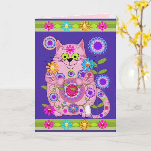 De verjaardagskaart van de Kat van flower power Kaart (Gele Bloem)