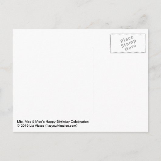 De verjaardagsviering van Mic, Mac en Moe Feestdagenkaart (Achterkant)