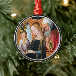 De verwachtingsvolle Madonna met Sint-Jozef rond Metalen Ornament