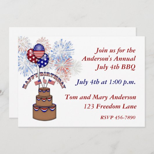 De vierde uitnodiging van de Amerikaanse Birthday (Voorkant / Achterkant)