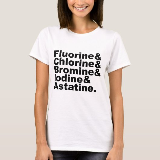 De vijf halogenen van de scheikunde | Chloor Broom T-shirt (Voorkant)
