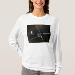 De vijf THEMIS-ruimtevaartuigen in een baan om de T-shirt