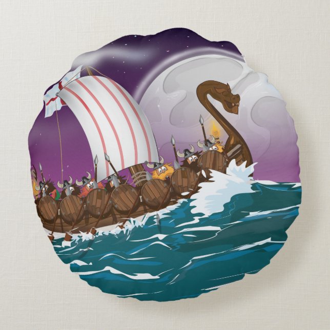 De Viking Ship Cartoon Rond Kussen (Achterkant)