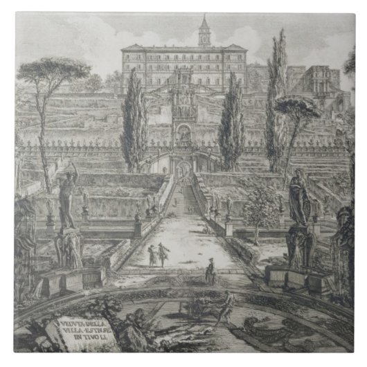 De Villa d'Este in Tivoli (graving) Tegeltje (Voorkant)