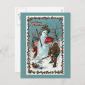 De Vintage "bouwend van de Sneeuwman" Feestdagenkaart (Voorkant / Achterkant)