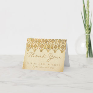 De Vintage Glam Gouden Damast Trouwcollectie Bedankkaart