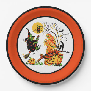 De vintage Heks & het Spook van Halloween Papieren Bordje