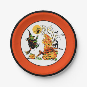 De vintage Heks & het Spook van Halloween Papieren Bordje