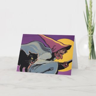 De vintage Heks van Halloween met Zwarte Kat Kaart