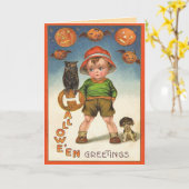 De vintage Kinder Kaart van Halloween, Zwarte Kat (Gele Bloem)
