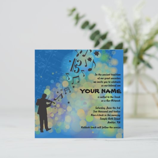 De violiste vioolmuziek bar mitswa uitnodiging (Staand voorkant)