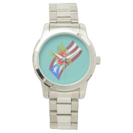De vlag van Puerto Rico met flor de maga boricua Horloge