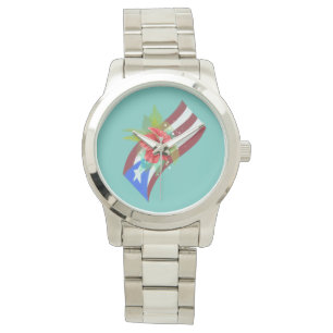 De vlag van Puerto Rico met flor de maga boricua Horloge