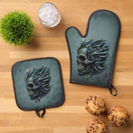 De vlam van het leven: een schedelontwerp. ovenwant & pannenlap set