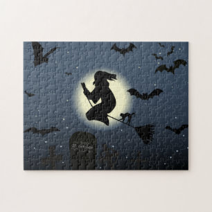 de vliegende heks halloween scène legpuzzel