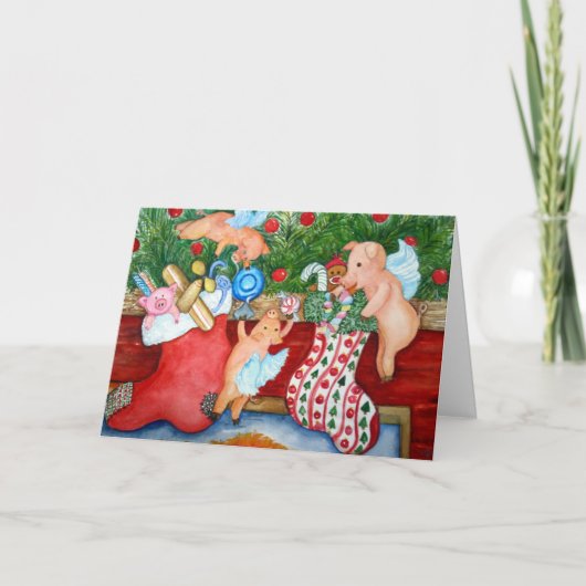 De vliegende Kousen van het Materiaal van Varkens Feestdagen Kaart (Voorkant)