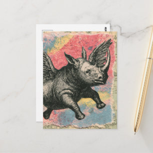 De vliegende neushoorn Mixed Media Collage Briefkaart