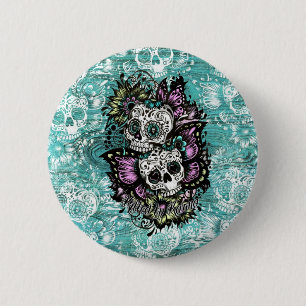 De vlindersuiker is een blauwe illustratie. ronde button 5,7 cm