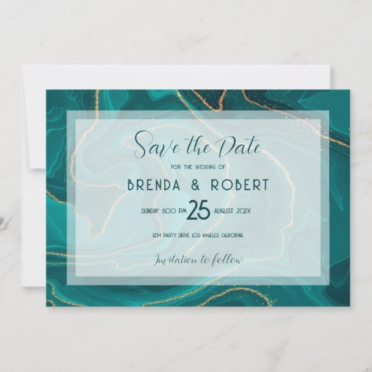 De vloeibare marmer van Turquoise sparen de Datum Save The Date (Voorkant)