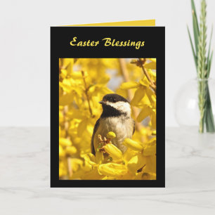De Vogel van Chickadee in Gele Bloemen Pasen Feestdagen Kaart