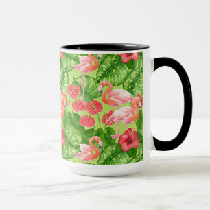 De vogels van de flamingo en tropisch plant mok