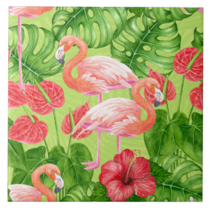De vogels van de flamingo en tropisch plant tegeltje