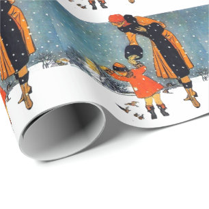 De vogels voeren op een besneeuwde dag cadeaupapier