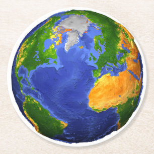 De volledige aarde toont topografische gegevens. ronde kartonnen onderzetter