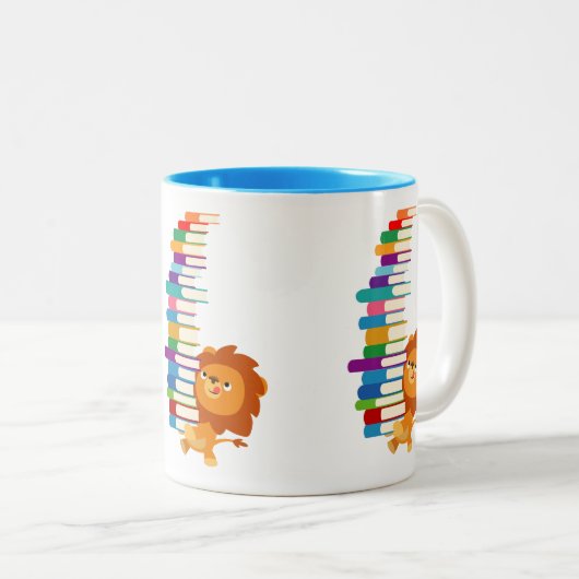 De Voracious Reader (Cute Cartoon Lion) Tweekleurige Koffiemok (Voorkant rechts)