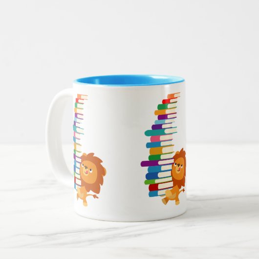 De Voracious Reader (Cute Cartoon Lion) Tweekleurige Koffiemok (Voorkant links)