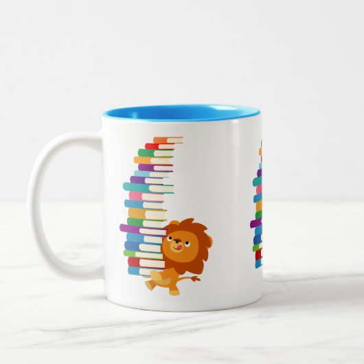 De Voracious Reader (Cute Cartoon Lion) Tweekleurige Koffiemok (Links)