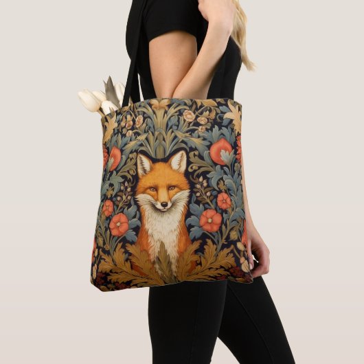 De vos en rode bloemen art nouveau stijl tote bag (Dichtbij)