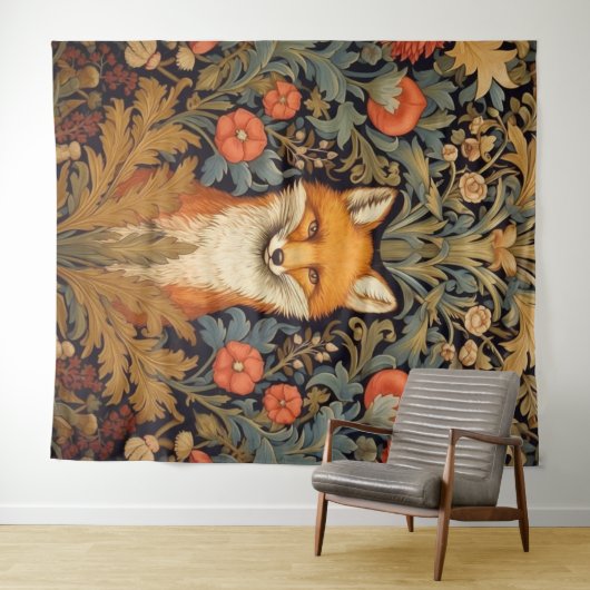 De vos en rode bloemen art nouveau stijl wandkleed (In Situ (horizontaal))