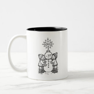 De vreugde van de sneeuwman tweekleurige koffiemok