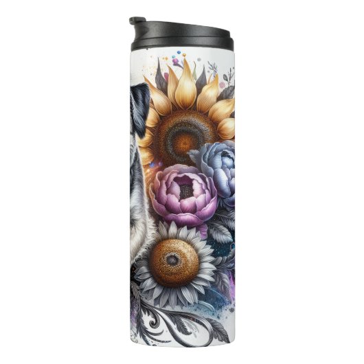 De vreugdevolle bloemenreis van de Border Terrier Thermosbeker (Geroteerd rechts)