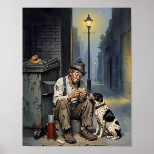 De vriend - Dakloze clown met hond Poster (Voorkant)
