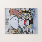 De vriendschap tussen sneeuwman, hond en kat | gra legpuzzel (Horizontaal)