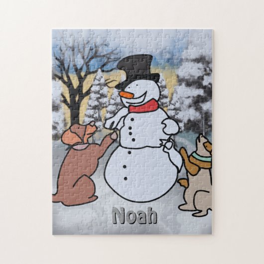 De vriendschap tussen sneeuwman, hond en kat | gra legpuzzel (Verticaal)