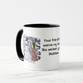 De vriendschap tussen sneeuwman, hond en kat | gra mok (Voorkant links)