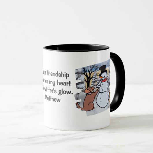 De vriendschap tussen sneeuwman, hond en kat | gra mok (Voorkant rechts)