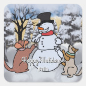 De vriendschap tussen sneeuwman, hond en kat | gra vierkante sticker (Voorkant)